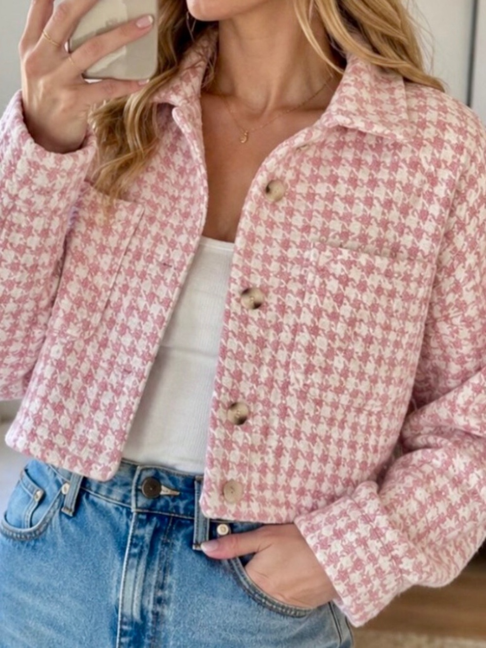 Stoosh Pink Tweed Houndstooth Cropped Blazer Jacket - NWT Size L